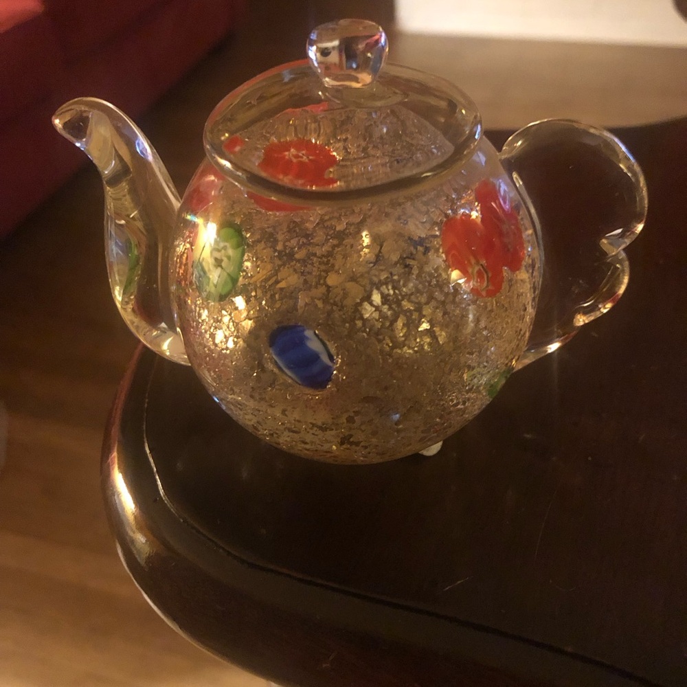 Millefiori Glass Teapot Paperweight; With Gold Flecks and Colorful Accents